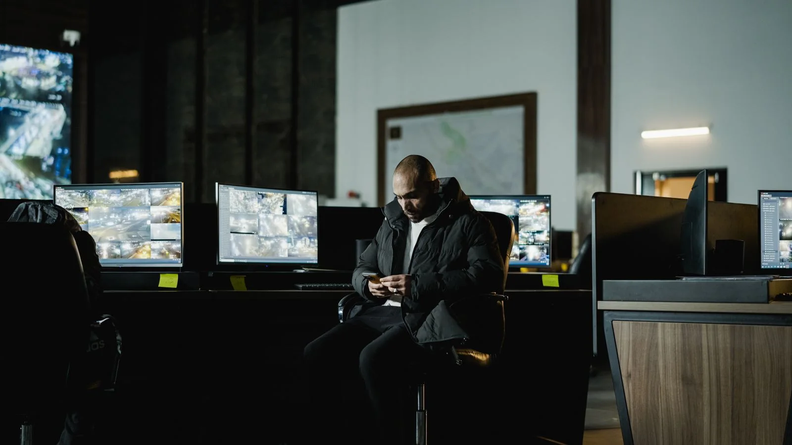 Agent de securite dans une salle de controle sombre, face a plusieurs ecrans de surveillance.