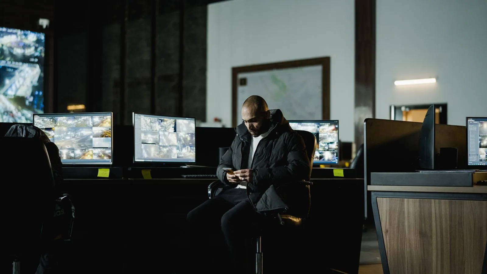 Agent de securite dans une salle de controle sombre, face a plusieurs ecrans de surveillance.