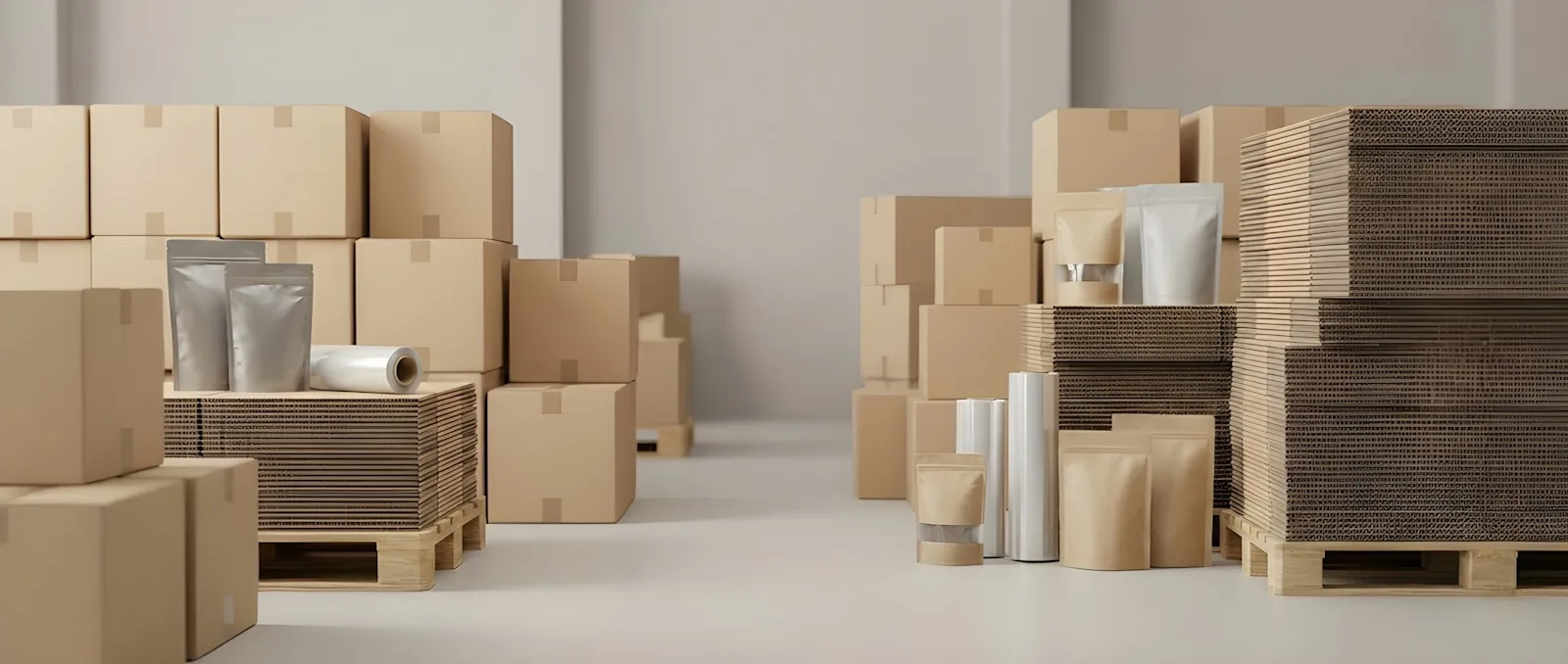 Cartons et fournitures d'emballage dans un espace de préparation de commandes.