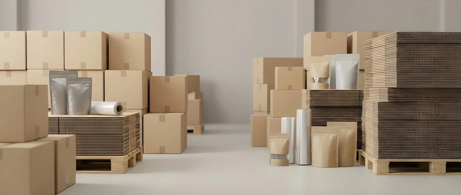 Cartons et fournitures d'emballage dans un espace de préparation de commandes.
