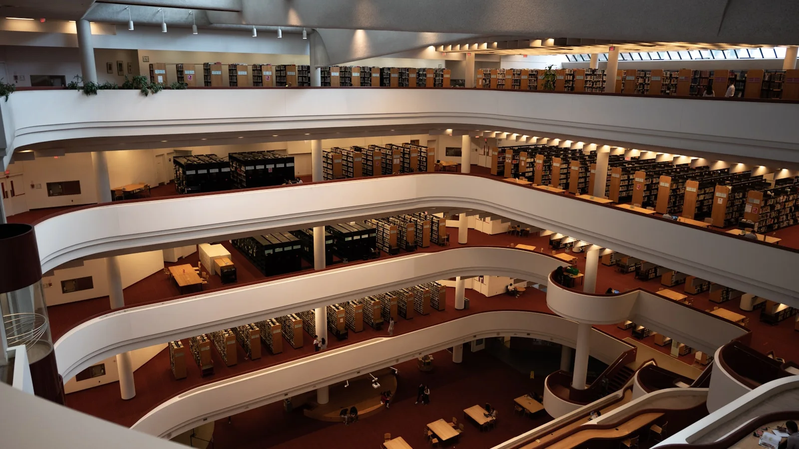 Rayonnages de livres dans une bibliothèque, vus depuis une allée.